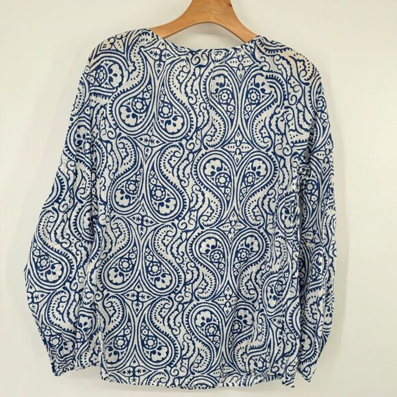 Talbots Long Sleeve Blouse blue pattern Yellow Beaded Embellishment size medium - Picture 7 of 11